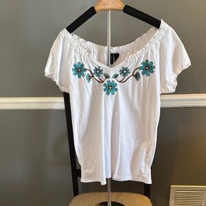 Chic White Blouse with Blue Floral Accents